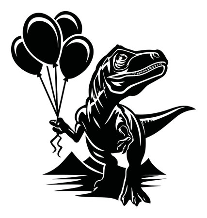 This engaging illustration features a dinosaur holding colorful balloons, perfect for childrens themes. Ideal for playful designs and celebrations.のイラスト素材