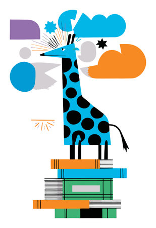 Vibrant vector illustration of a stylized giraffe with polka dots, standing on a stack of books surrounded by abstract colorful shapes. Perfect for children's decor or educational themes.のイラスト素材