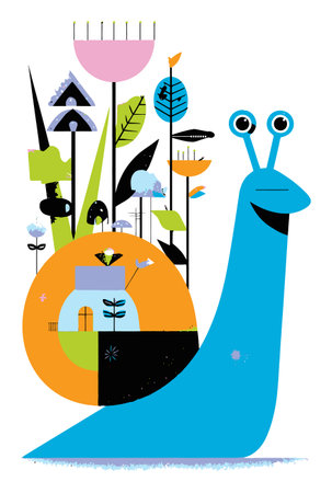 This vibrant vector illustration features a smiling snail adorned with whimsical plants and flowers, perfect for playful and eco-friendly projects.のイラスト素材