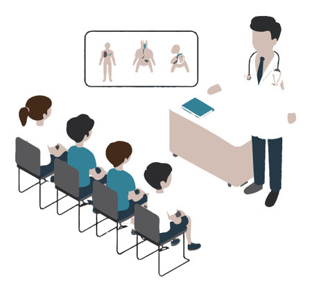 A doctor presents health concepts to a group of children in a classroom, fostering understanding and interest in medical topics through engaging visual aids.のイラスト素材