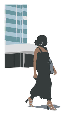 A stylish cartoon illustration of a woman walking in an urban environment, showcasing modern architecture. Perfect for fashion and lifestyle themes.のイラスト素材