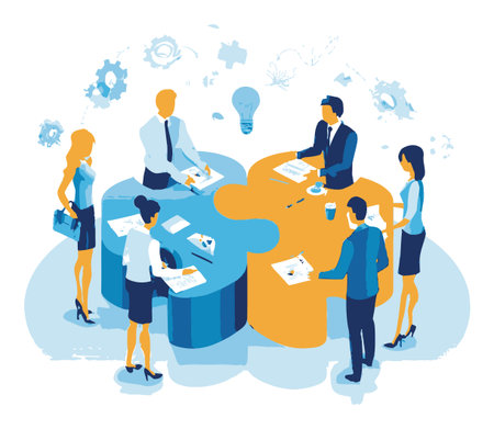 Engaging cartoon style vector illustration depicting team collaboration around puzzle pieces. The scene shows professionals brainstorming and strategizing in a modern office setting.のイラスト素材