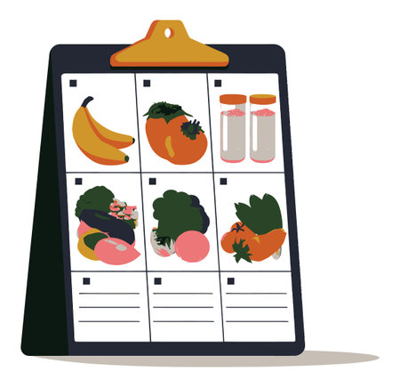 A vibrant cartoon meal planning board showcasing an assortment of fresh fruits and vegetables. Ideal for promoting healthy eating habits and meal preparation.のイラスト素材