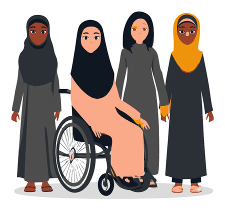 This vibrant cartoon features a diverse group of female characters in traditional attire, including one in a wheelchair, showcasing empowerment and inclusion.のイラスト素材