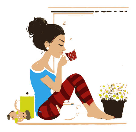 A whimsical illustration of a woman enjoying a cup of tea in pajamas, surrounded by a cat and flowers. Perfect for depicting relaxation and cozy moments at home.のイラスト素材