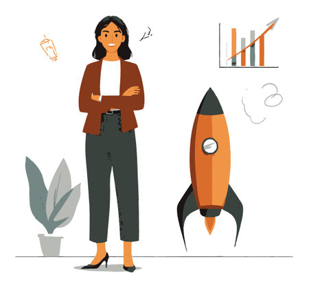 This modern cartoon illustration features a confident woman standing beside a rocket and growth graph, symbolizing innovation and success in business.のイラスト素材