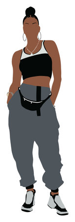 Discover a stylish cartoon character featuring a confident woman in casual streetwear. This vibrant vector illustration captures modern fashion with cool attitude and trendy accessories.のイラスト素材