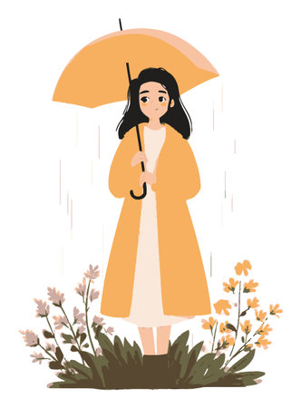 A charming cartoon illustration of a young woman in a yellow raincoat holding an umbrella, standing amidst blooming flowers with a serene expression.のイラスト素材