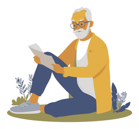 A charming illustration of an elderly man sitting on the grass reading a book. Surrounded by nature, he embodies tranquility and wisdom, enjoying a peaceful moment outdoors.のイラスト素材