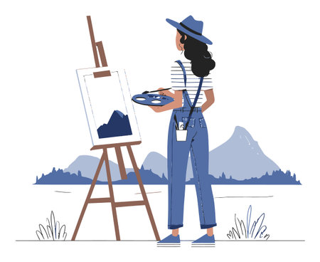 A charming vector cartoon of a female artist painting a beautiful landscape, standing by an easel with a palette in hand, immersed in nature's creativity.のイラスト素材