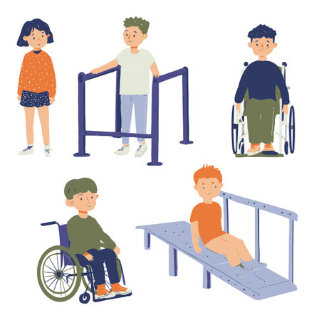 Illustrative cartoon of diverse children engaging with accessibility features. It highlights inclusion and support in a fun and colorful setting, promoting joy and social interaction.のイラスト素材