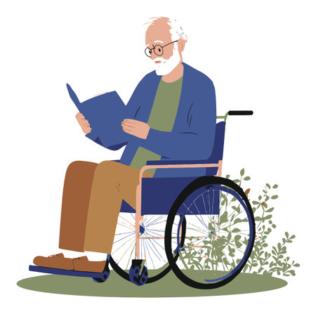 A cheerful senior man in a wheelchair reads a book, highlighting enjoyment and serenity amidst a backdrop of subtle greenery, ideal for themes of leisure and lifestyle.のイラスト素材