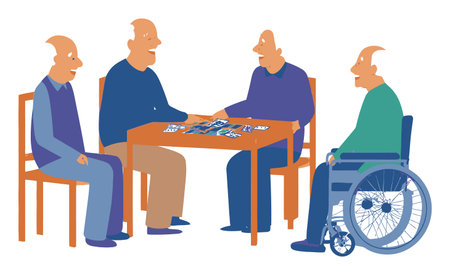 A colorful cartoon illustration showcasing a group of elderly men enjoying a game around a table, emphasizing friendship and social interaction in a cheerful setting.のイラスト素材