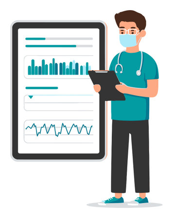 A healthcare professional wearing a mask stands with a tablet displaying data graphs. This illustration represents the importance of data analysis in medical settings.のイラスト素材