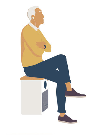 This vector cartoon illustration features an older man sitting on a box while enjoying music through headphones. The design captures a relaxed, thoughtful posture, emphasizing leisure and enjoyment.のイラスト素材