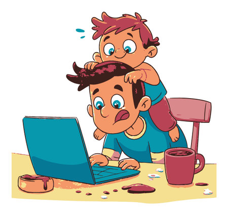 A cheerful vector illustration depicting a father and son playing while working on a laptop. The colorful scene captures joy and family bonding in a cozy home setting.のイラスト素材