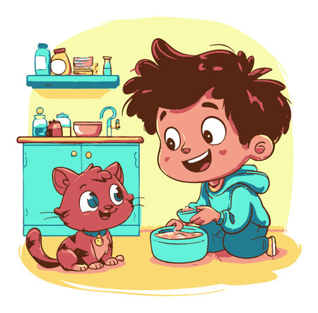 A cheerful young boy joyfully feeds a cute cat in a colorful kitchen setting. This vibrant illustration captures the warmth of companionship and playful moments.のイラスト素材