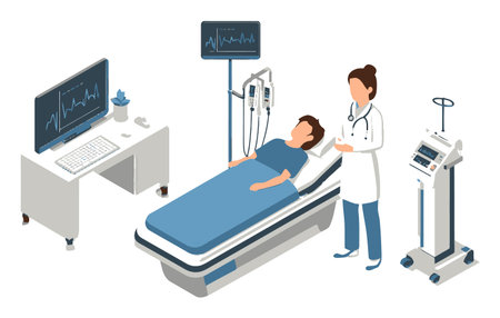 Illustration of a nurse attending to a patient in a hospital room, featuring medical equipment and a monitor, showcasing the professionalism in healthcare environments.のイラスト素材