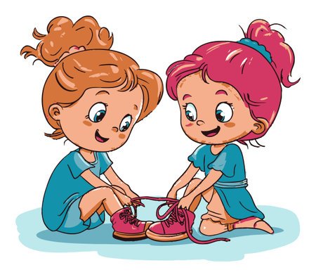 Two cheerful girls sit on the floor, happily tying their shoes together in a bright, colorful cartoon illustration, celebrating friendship and childhood joy.のイラスト素材