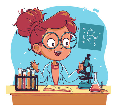 A vibrant illustration of a young scientist joyfully engaging in an experiment with a microscope, surrounded by test tubes and colorful chemistry elements.のイラスト素材