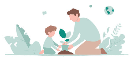 A heartwarming scene of a father and child planting a green plant, symbolizing growth and care for nature. The image captures a nurturing bond and a dedication to sustainability.のイラスト素材