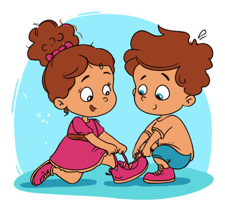 Adorable illustration of a boy and girl joyfully tying shoes together. This colorful scene captures childhood fun and friendship, perfect for educational content.のイラスト素材