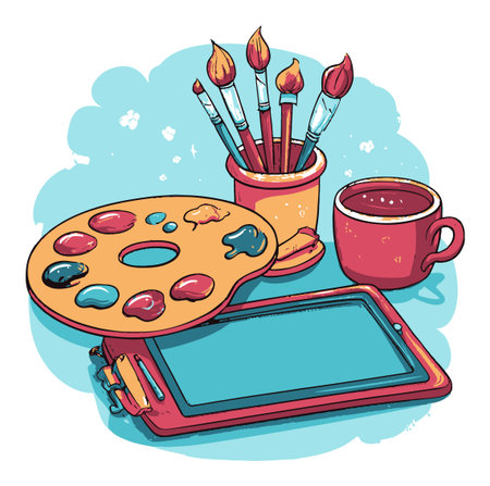 Vibrant vector illustration of art supplies, including a paint palette, brushes, and a coffee cup, perfect for artists and creative enthusiasts.のイラスト素材