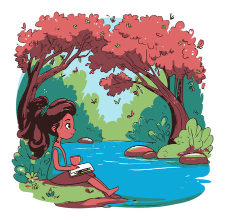 A vibrant illustration depicts a young woman enjoying a peaceful moment by a river, surrounded by lush green trees and fluttering butterflies, embodying tranquility and relaxation.のイラスト素材