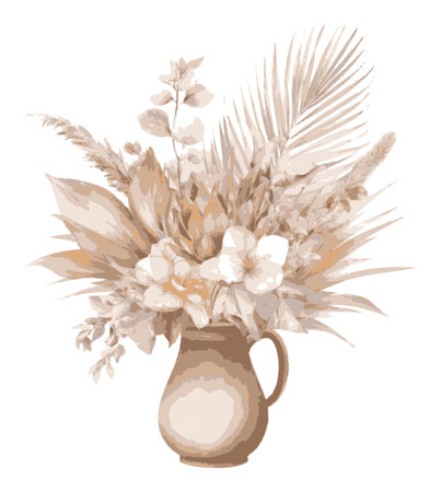 Explore this elegant floral arrangement displayed in a simple vase, featuring soft beige and brown tones that enhance any decor. Perfect for artistic inspiration.のイラスト素材