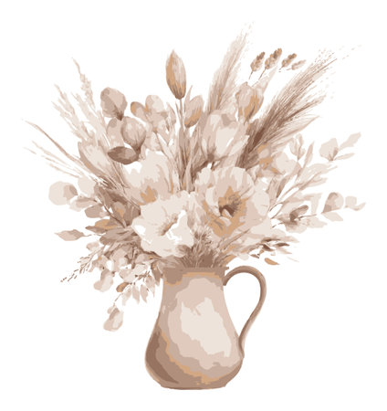 Discover an elegant floral arrangement featuring soft, neutral tones in a vintage jug. Ideal for home decor, this artwork brings tranquility and beauty.のイラスト素材