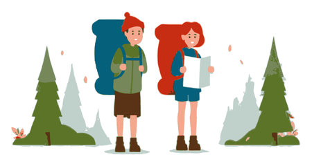 Cheerful hikers with backpacks explore nature, holding a map in a vibrant landscape scene. Perfect for themes of adventure, travel, and outdoor activities.のイラスト素材