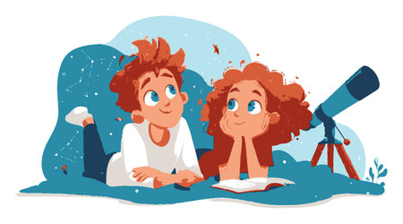 Two children enjoy a peaceful moment stargazing together with a telescope and a book. Their expressions show curiosity and excitement as they explore the night sky.のイラスト素材