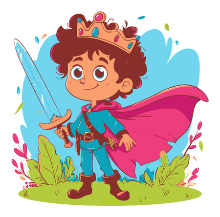 Adorable cartoon prince character with a sword and crown, surrounded by lush greenery. Perfect for children's stories, games, and creative projects.のイラスト素材