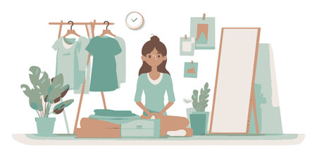 This image showcases a cozy home workspace featuring a young woman surrounded by clothing, plants, and a mirror, creating a serene and stylish atmosphere for creativity and comfort.のイラスト素材