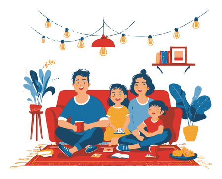 A happy family enjoys quality time together in a cozy living room, surrounded by warm lighting and vibrant decor. Perfect for representing family bonding and joy.のイラスト素材