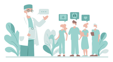 A vector illustration depicting a healthcare team engaged in communication, with speech bubbles portraying dialogue. The design highlights collaboration and professionalism in a modern medical environment.のイラスト素材