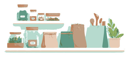 Explore a beautifully illustrated kitchen shelf featuring glass jars, fresh herbs, and stylish...