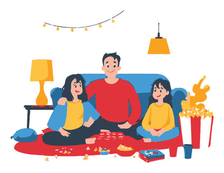 Enjoy a vibrant illustration of a family game night with friends in a cozy living room, filled with laughter, snacks, and light-hearted moments.のイラスト素材