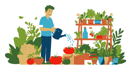 Cheerful gardener watering plants in a vibrant vegetable garden, showcasing fresh produce and healthy growth, perfect for gardening enthusiasts and eco-friendly themes.のイラスト素材