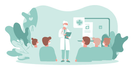 This minimalist vector illustration depicts a doctor presenting health concepts to a group of patients. Perfect for healthcare, education, and wellness themes.のイラスト素材