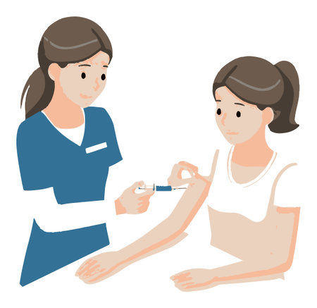 Illustration of a nurse providing a vaccine shot to a patient in a clinical setting. The scene emphasizes care and professionalism in healthcare environments.のイラスト素材