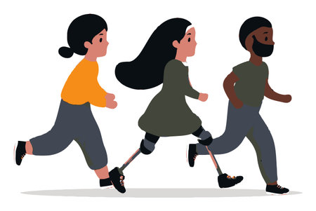 This vibrant vector cartoon depicts diverse characters in motion, showcasing athleticism and inclusion through running figures, including one with a prosthetic leg.のイラスト素材