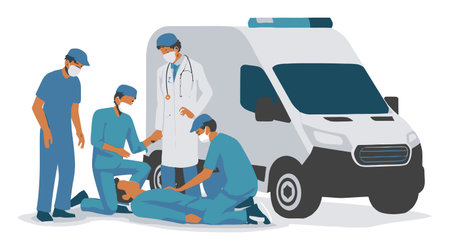 A detailed vector illustration showcasing an emergency medical team helping a patient near an ambulance. The scene highlights teamwork and professional healthcare response in urgent situations.のイラスト素材