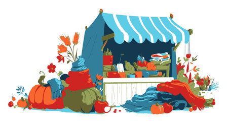Vibrant illustration of a market stall overflowing with fresh produce and cozy textiles. A charming display of pumpkins, fruits, and colorful fabrics creates a warm autumn atmosphere.のイラスト素材