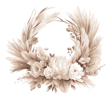 This elegant floral wreath design features soft beige tones and natural elements, perfect for decoration or artistic projects. The arrangement includes a variety of flowers and leaves, creating a romantic and vintage aesthetic. Ideal for prints, invitations, or as a beautiful background.のイラスト素材