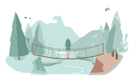 A serene illustration depicting a calm woman standing on a bridge, immersed in peaceful nature. Lush greenery and mountains create a tranquil backdrop for contemplation and reflection.のイラスト素材
