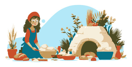 Illustrative scene of a young woman baking bread near a traditional hearth surrounded by plants and ingredients, showcasing culinary traditions and warmth.のイラスト素材