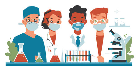 This colorful vector illustration features a diverse group of scientists in a laboratory, showcasing teamwork and research with lab equipment and test tubes.のイラスト素材