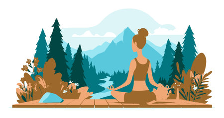 A serene illustration of a woman meditating in nature, surrounded by lush trees and majestic mountains. This image embodies relaxation, wellness, and mindfulness.のイラスト素材