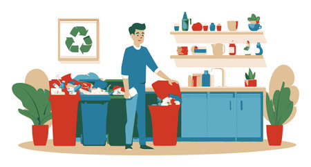 A vibrant vector illustration of a man sorting waste in a modern kitchen, highlighting recycling...